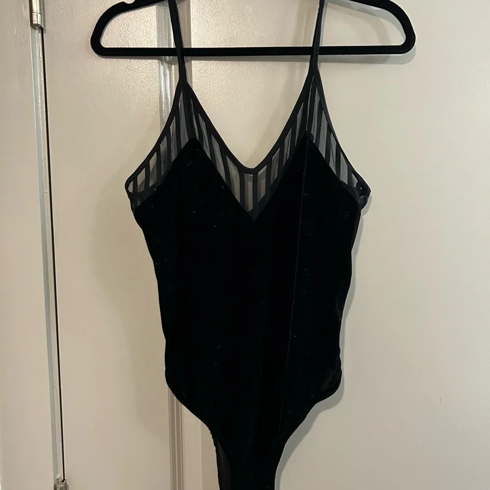 Topshop Black Velvet Bodysuit with Sheer Stripes - Picture 1 of 5